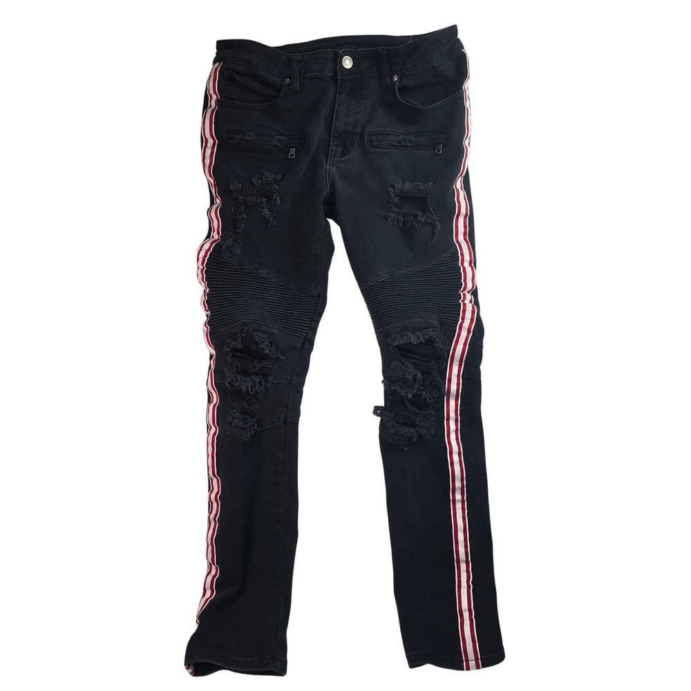 Black Distressed Biker Jeans Red White Side Stripe Moto Pants Slim Fit 28x28